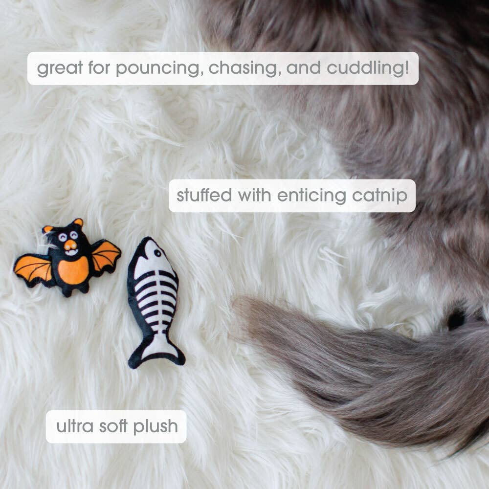 Bat & Fish Skeleton Halloween Cat Toys, Set of 2