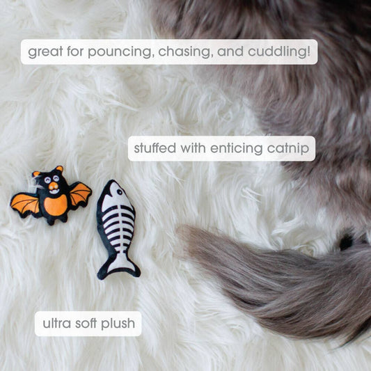 Bat & Fish Skeleton Halloween Cat Toys, Set of 2