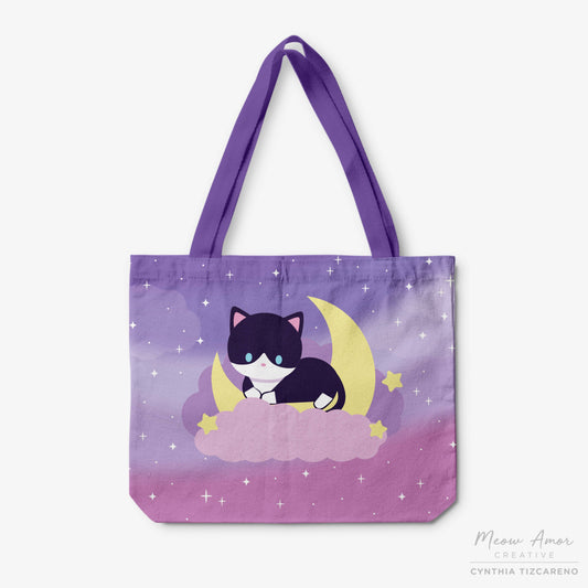 Dreamy Moon Tuxedo Cat Canvas Zipper Tote Bag