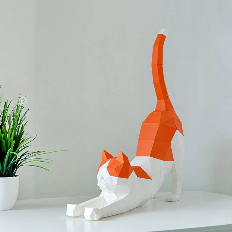 3D Paper Cat Origami Model - Orange