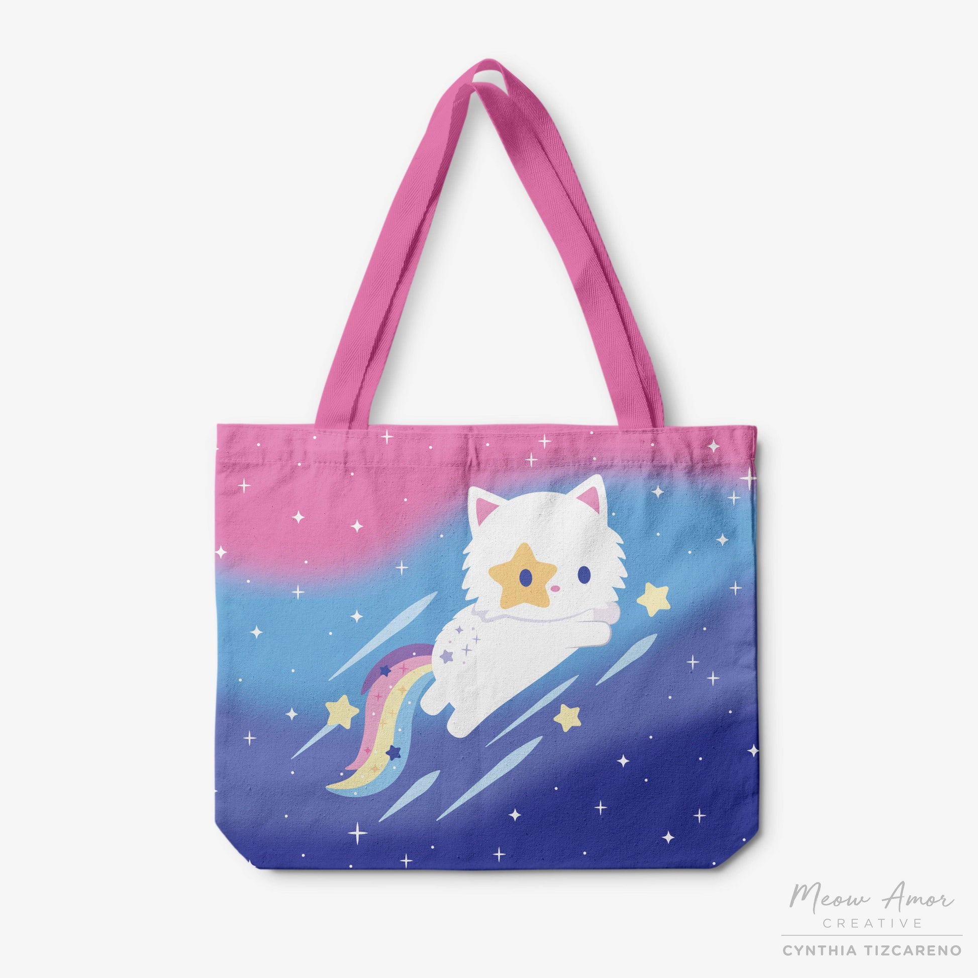 Shooting Star Cat Canvas Zipper Tote Bag