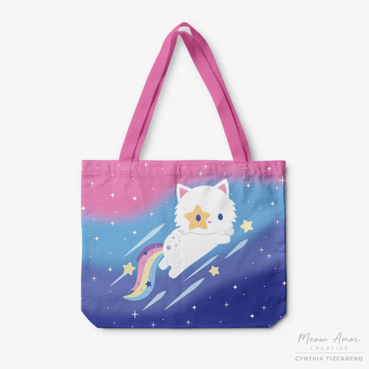 Shooting Star Cat Canvas Zipper Tote Bag