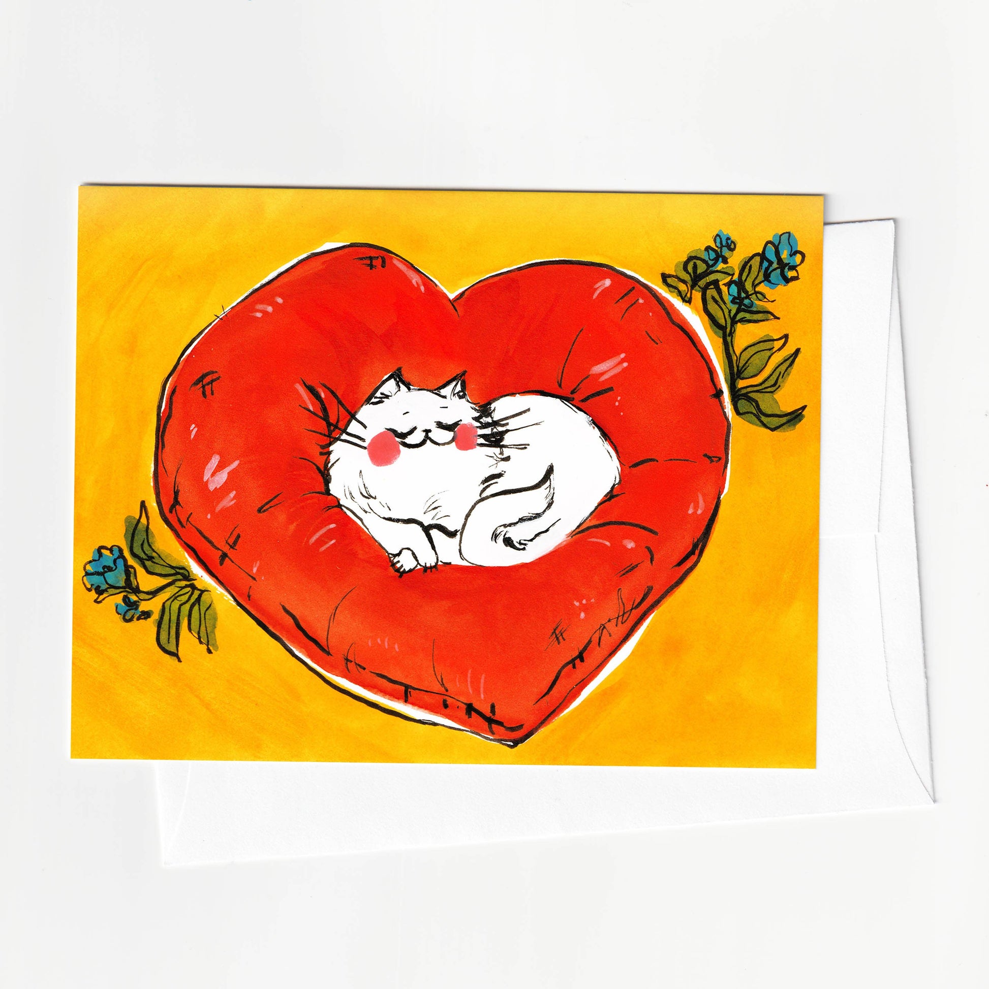 A2 Greeting Card - Heart Pillow Cat