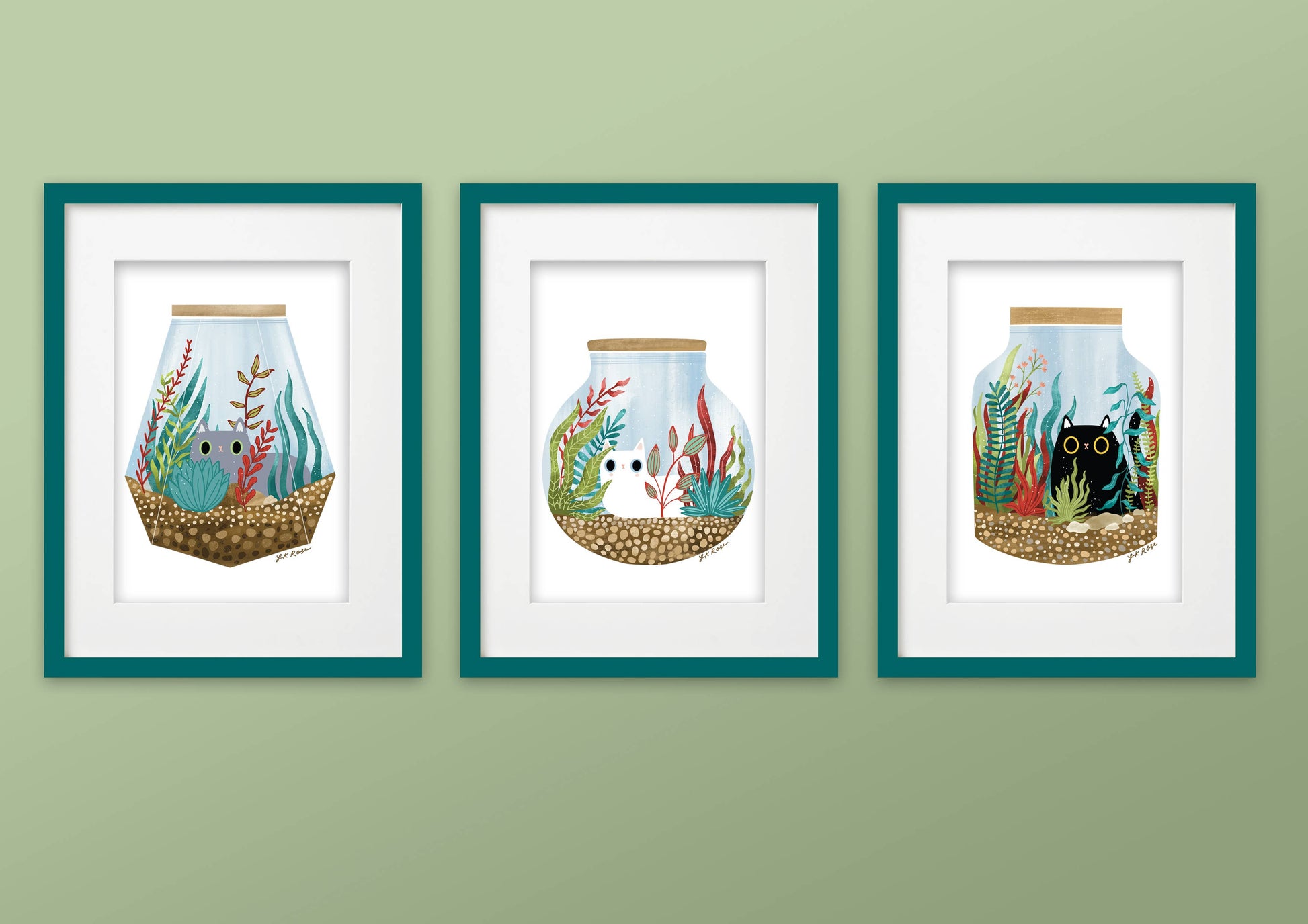 Grey Cat & Plants Art Print