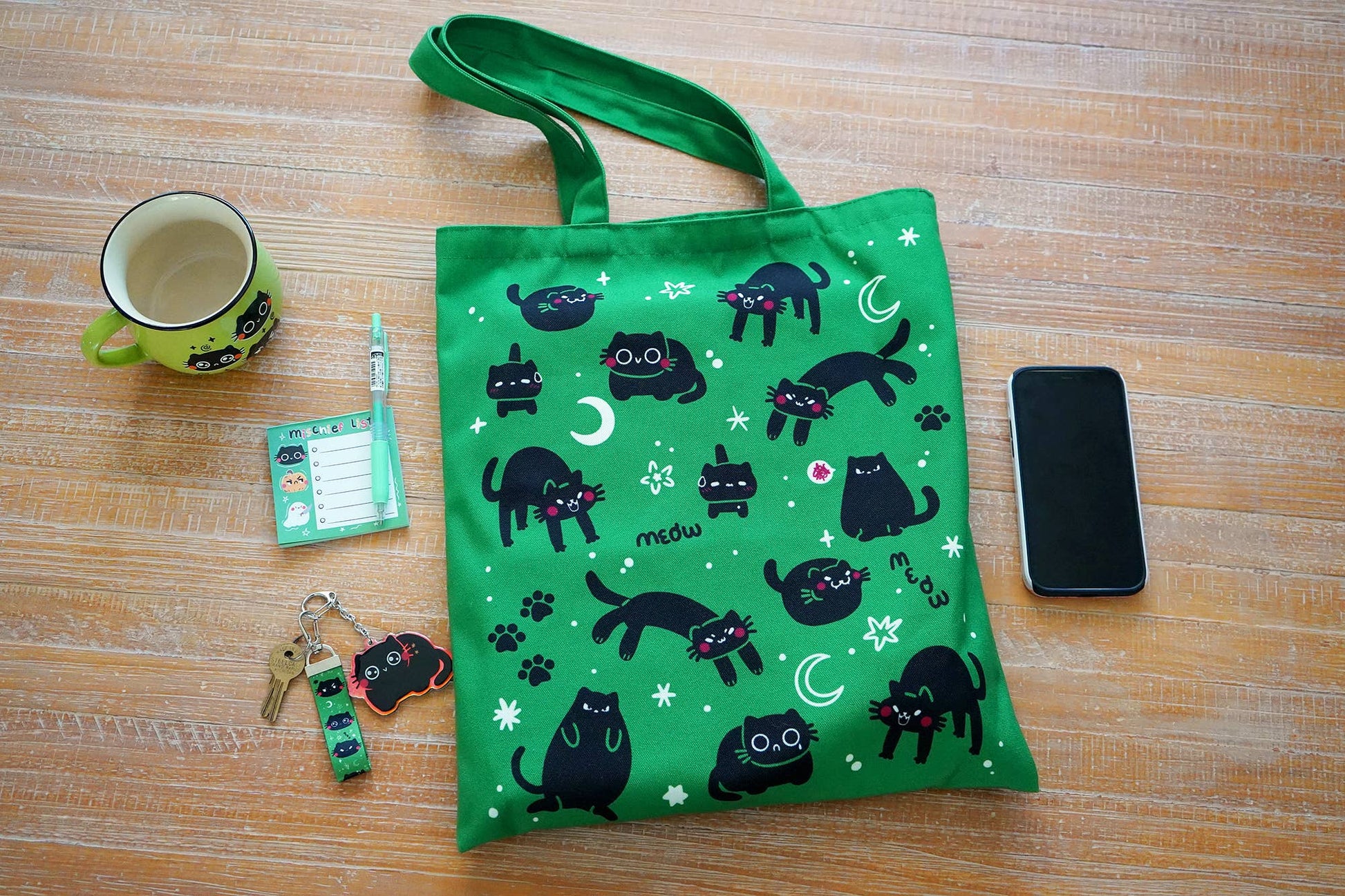 Tote Bag - Green with Black Cats