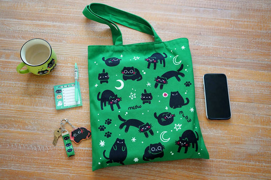 Tote Bag - Green with Black Cats