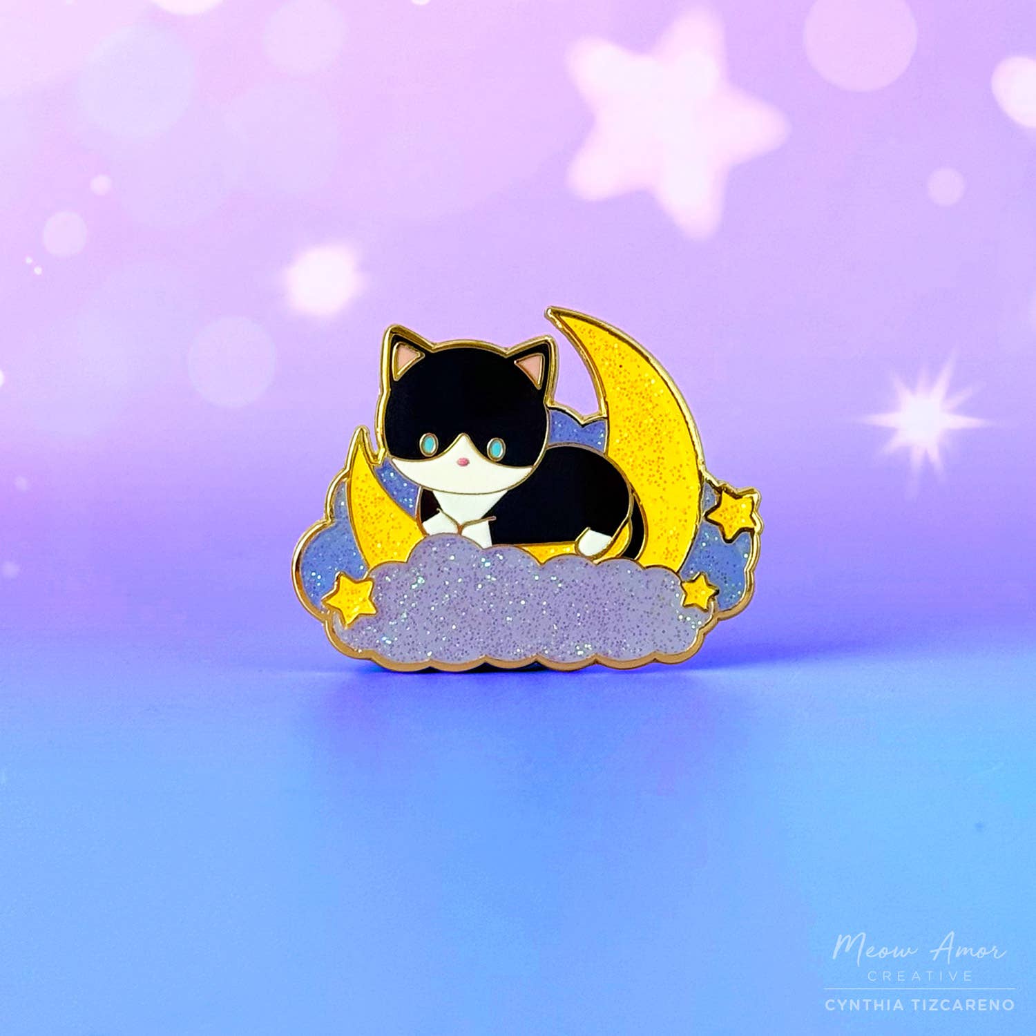 Dreamy Moon Tuxedo Cat Glitter Enamel Pin