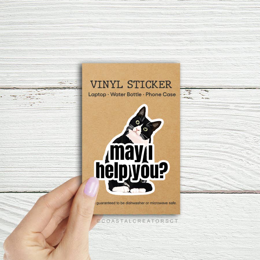 Tuxedo Cat May I Help You? 3" Diecut Laptop Bottle Sticker: Unpackaged